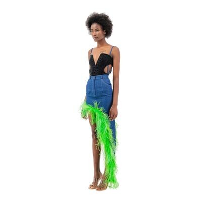 Denim Asymmetrical Feather Trim Skirt