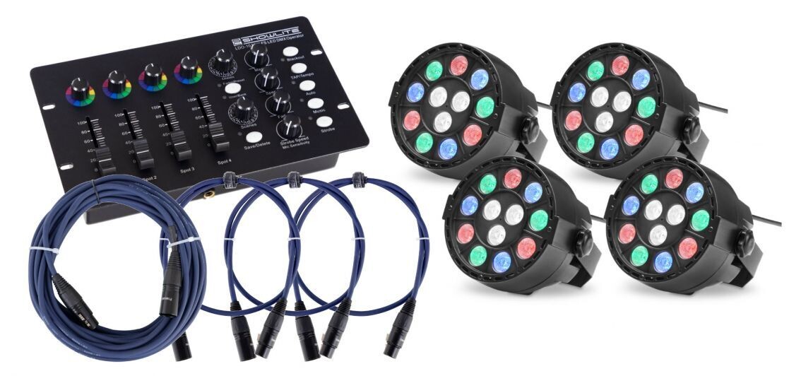Showlite SPS-121 LED Smart Party Spot im Set mit DMX Controller und Kabel 4er Set