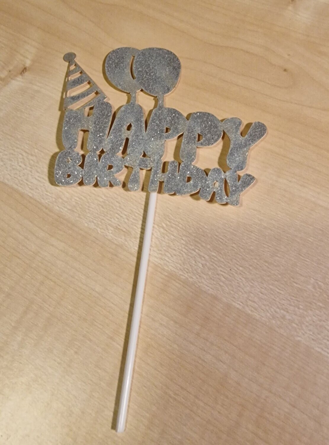 Taart/cake steker zilverkleurig met glitters