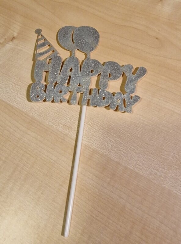 Taart/cake steker zilverkleurig met glitters