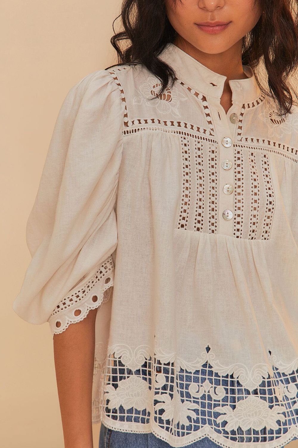 ROMANTIC RICHELIEU SHORT SLEEVE BLOUSE