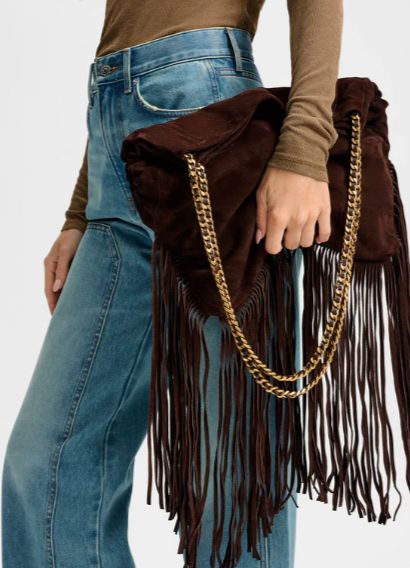 SUEDE FRINGE SLOUCH SHOULDER BAG