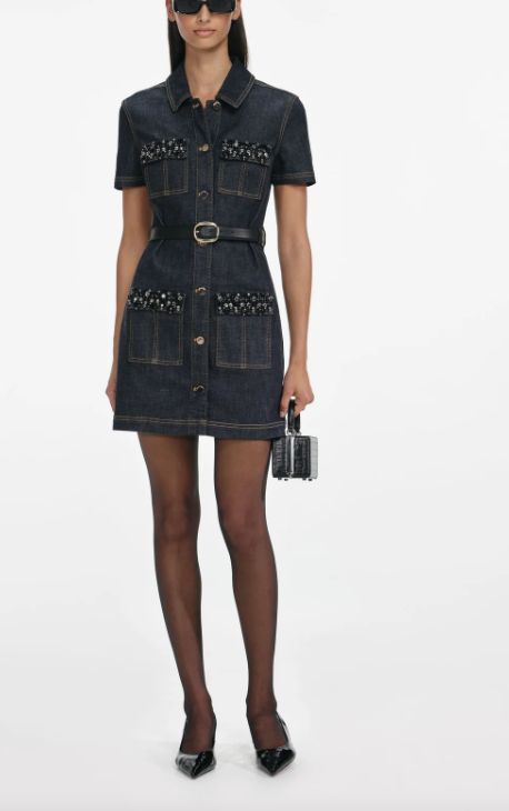 INDIGO DENIM CRYSTAL TRIM MINI DRESS