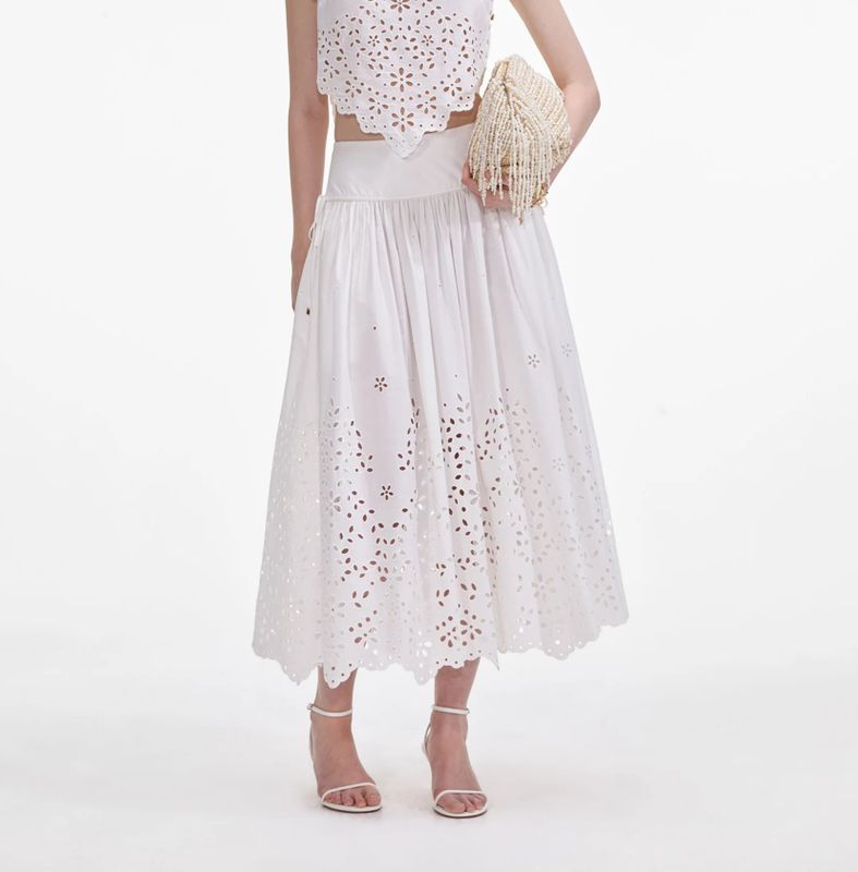 WHITE COTTON EMBROIDERED MIDI SKIRT