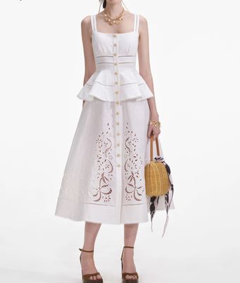 CREAM LINEN PEPLUM MIDI DRESS