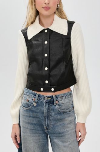 CIARA KNIT SLEEVE FAUX LEATHER JACKET