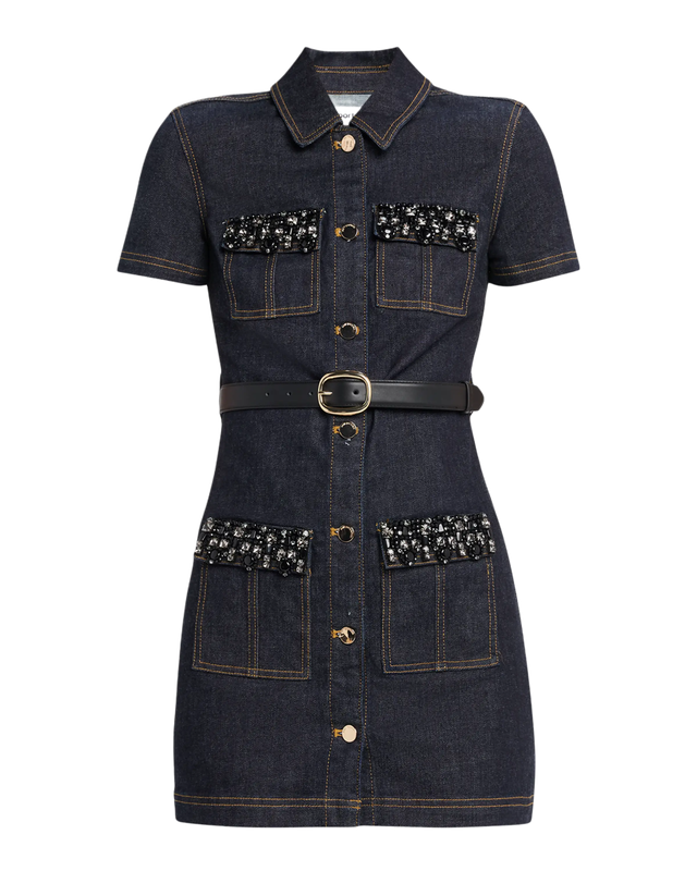 INDIGO DENIM CRYSTAL TRIM MINI DRESS