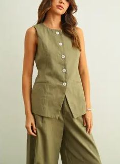 T4776ST BUTTON FRONT LINEN VEST | OLIVE