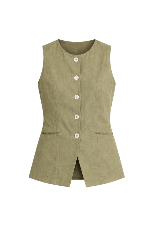 BUTTON FRONT LINEN VEST | OLIVE