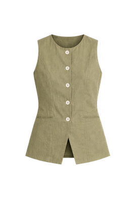 BUTTON FRONT LINEN VEST | OLIVE