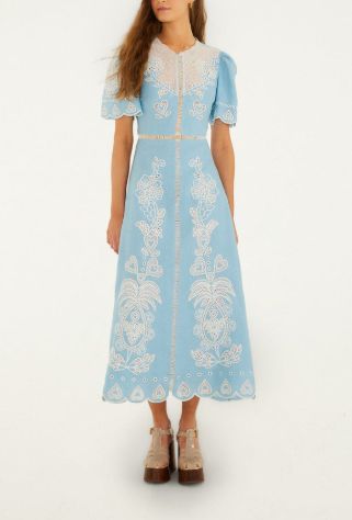 LIGHT BLUE EMBROIDERY SHORT SLEEVE MIDI DRESS