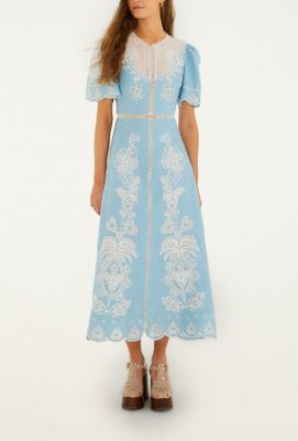 LIGHT BLUE EMBROIDERY SHORT SLEEVE MIDI DRESS