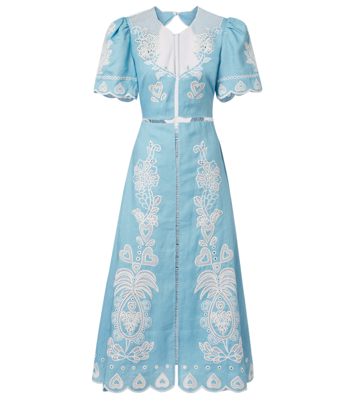 LIGHT BLUE EMBROIDERY SHORT SLEEVE MIDI DRESS