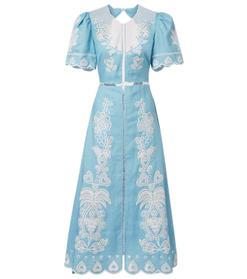 LIGHT BLUE EMBROIDERY SHORT SLEEVE MIDI DRESS