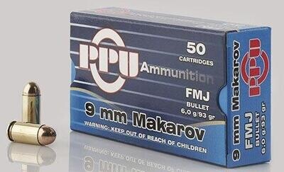 9mm x 18 Makarov 93 gr FMJ PPU Handgun Ammunition 50/ct