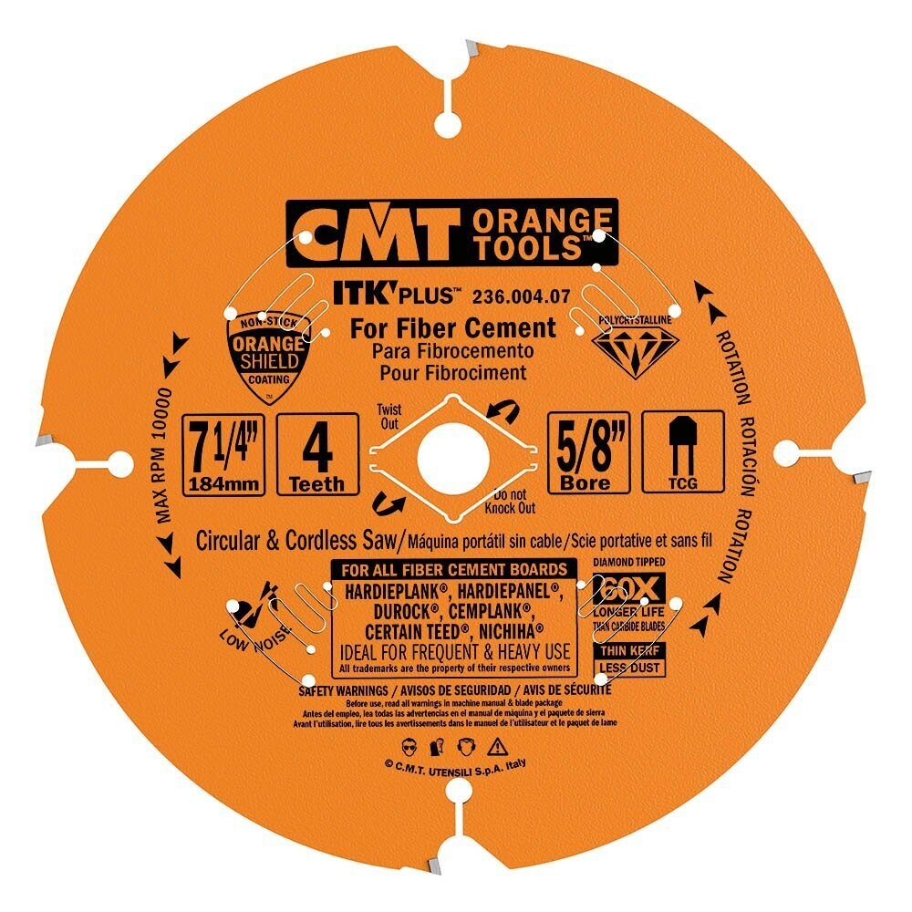 CMT 236.004.07 ITK PLUS Diamond Saw Blade for Fiber Cement Products, 7-1/4-Inch x 4 Trapezoidal Teeth with 5/8-Inch<>Bore, PTFE Coating