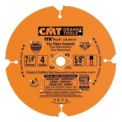 CMT 236.004.07 ITK PLUS Diamond Saw Blade for Fiber Cement Products, 7-1/4-Inch x 4 Trapezoidal Teeth with 5/8-Inch<>Bore, PTFE Coating