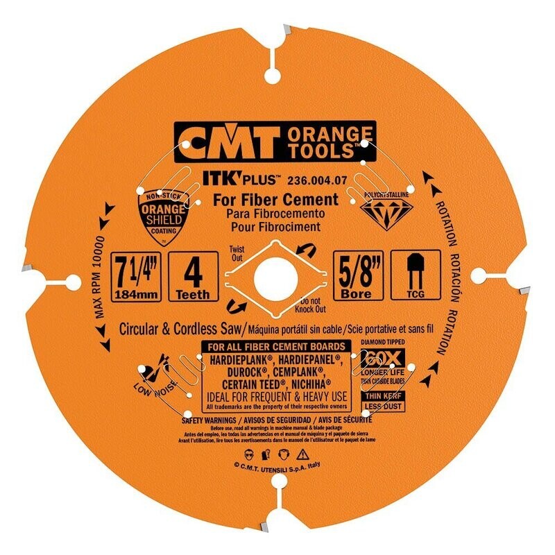 CMT 236.004.07 ITK PLUS Diamond Saw Blade for Fiber Cement Products7-1/4-Inch x 4 Trapezoidal Teeth with 5/8-Inch<>BorePTFE Coating
