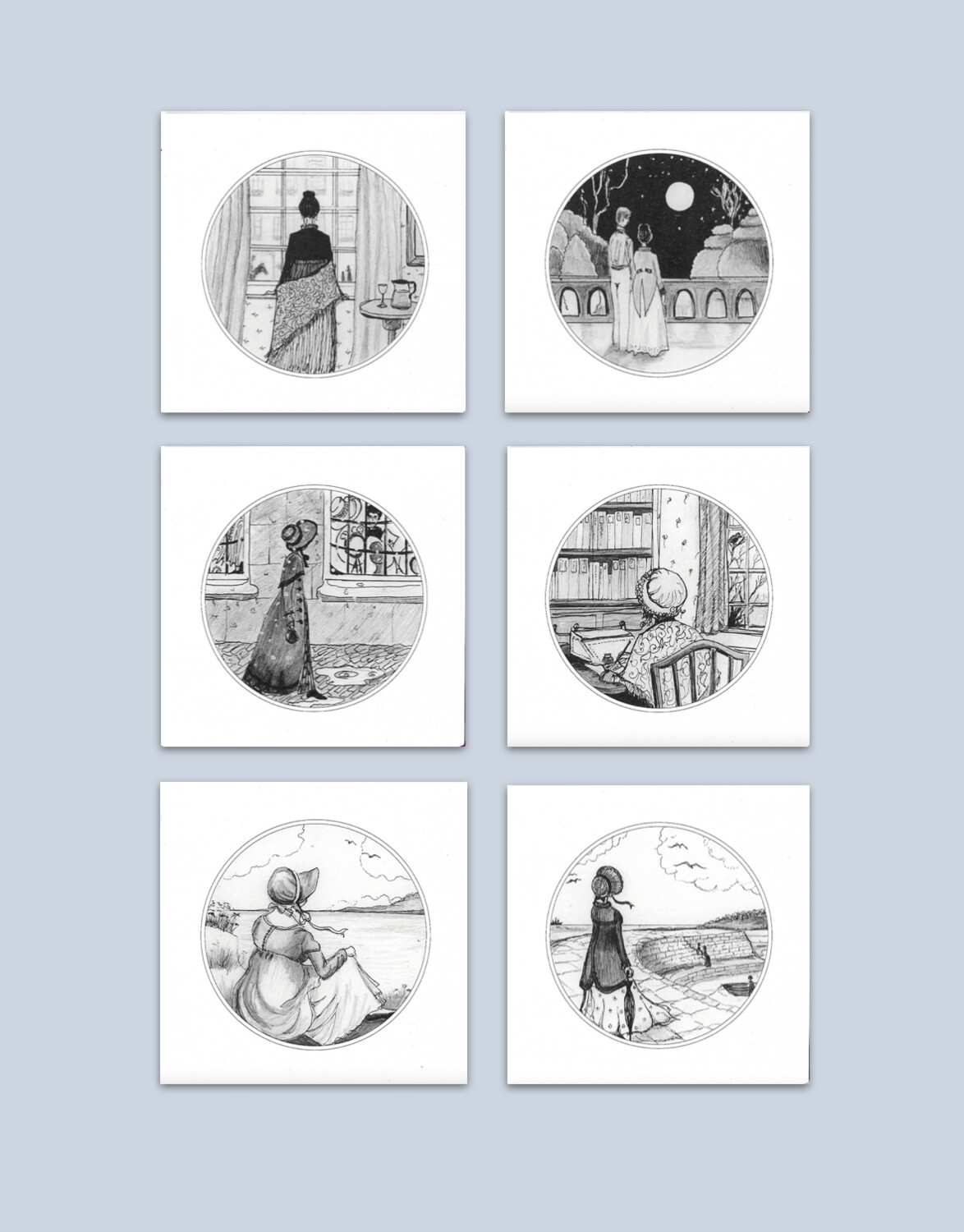 A pack of 6 cards, each with an illustration from Julia Fry's Austen Chronicles.