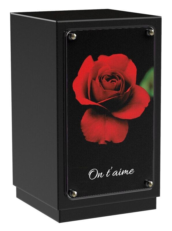 Urne carrée granit + Altuglass rose rouge