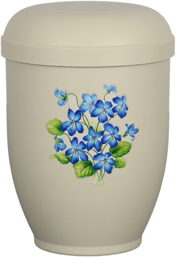 Urne biodégradable décorée fleurs bleues