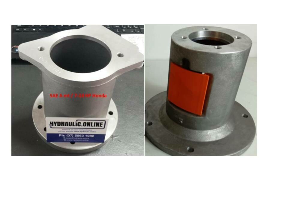 Two types of Bell Housings designed to bolt to small Single Cylinder Honda Engines and mount SAE flanged Gear pumps and 4 bolt Hi Lo (2 Stage) log splitter pumps 