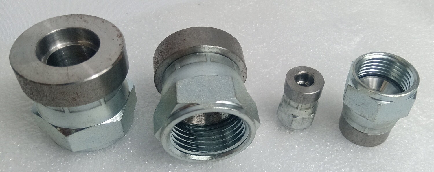 Range of JIC Female Weld on adaptors sizes left to right dash 12, 10, 4 and 8. 