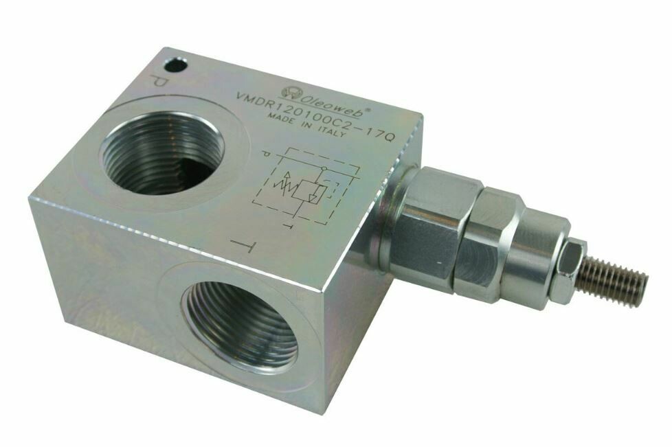 Oleoweb steel Inline relief valve with 1" inch BSPP ports, fitted with 20 - 250 bar relief spring with a maximum design flow of 120 litres per minute 