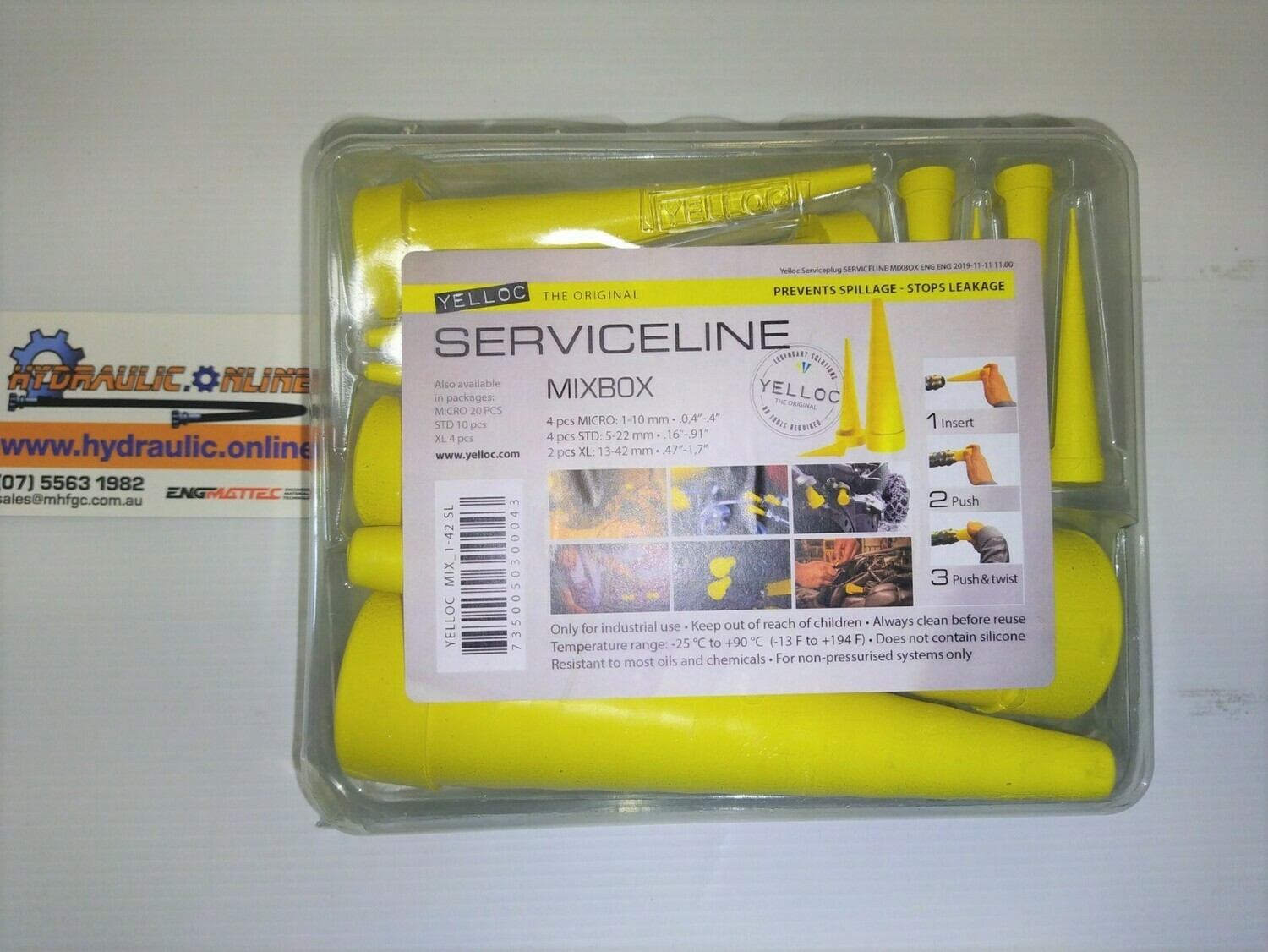 Mixed Box containing 12 pieces of yellow Synthetic Rubber Service plugs capable of temporarily sealing holes leaking oil. box contains,  4 pieces hole size 1 to 10 mm, 4 pieces 5 to 22mm and 2 pieces 13 to 42 mm 