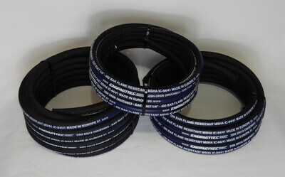 Layered stack of three
10 meter coils of different sized two wire hydraulic hose. With 1/4 inch on top of two coils of 3/8 and 1/2 inch hose.