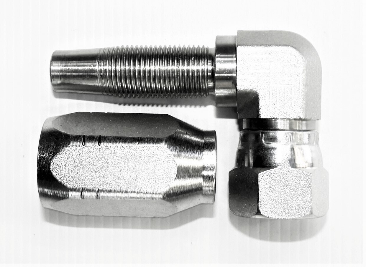 JIC Female Field Fit Reusable Hydraulic Hose Fitting set in a 90° Compact elbow. 