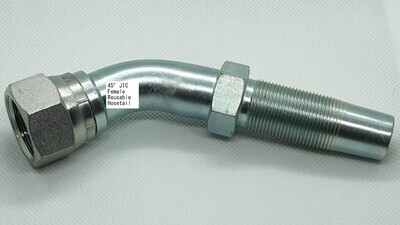 JIC Female Field Fit Reusable Hydraulic Hose Fitting with swept bend 45-degree elbow suitable for one or two wire SAE 100R1 and 100R2 hydraulic hose.