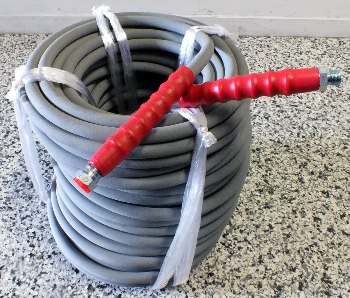 60 meter coil of 3/8 bore 5800 psi grey non marking, high temperature pressure washing water blasting hose. 
