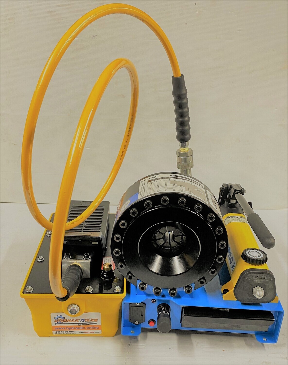 Portable Hand Operated Hydraulic Hose Crimper fitted with ENERPAC high speed 10,000 psi pump Crimp Dimeters from 10 to 38 mm. 