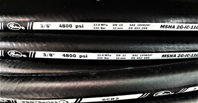 Close up of Gates Pro Series two wire Hydraulic Hose, code 6CR2 working pressure 4,800 psi. 