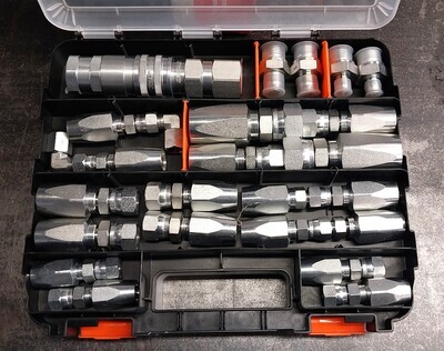 Compartmentalised plastic case showing different sizes of BSP reusable Hose fittings as well as a pair of 1/2 inch Flat Face Dry Break hydraulic couplings 