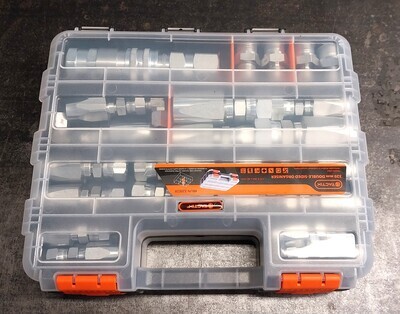 Compartmentalized plastic case with lid closed showing internal contents comprising of different sizes of JIC reusable Hose fittings as well as Flat Face Dry Break hydraulic couplings ideal for repairs and maintenance of Bobcat Hyster and Crown equipment. 