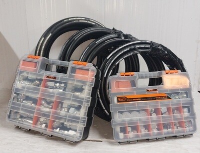 Marine JIC emergency hydraulic hose repair kit showing two compartmentalised pastic cases for fittings and 4 coils of different sizes of hydraulic hose. 