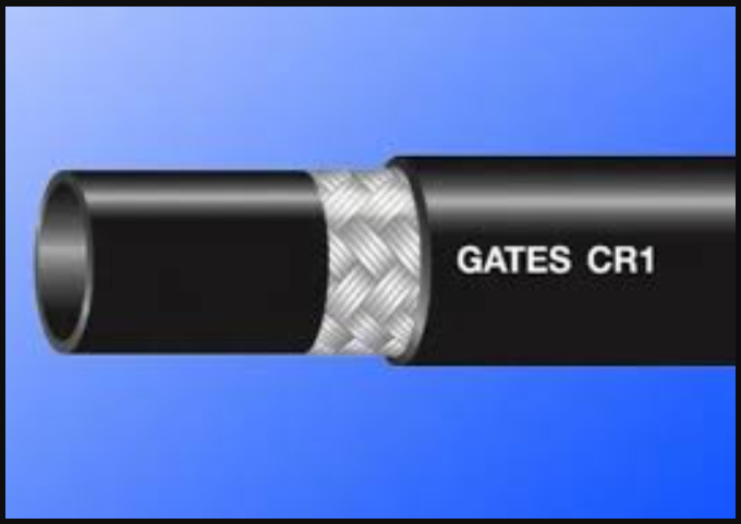 Short length of Gates Pro series 6CR1 3/8 ID one wire Hydraulic Hose with crimped on hose fitting.