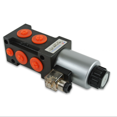 View of 12 or 24 volt 6 Port diverter/selector valve that can convert a single hydrayulic function into 2 functions. Comes with 3/4 BSPP ports and flows up to 80 l/m at a pressures up to 3675 psi. 