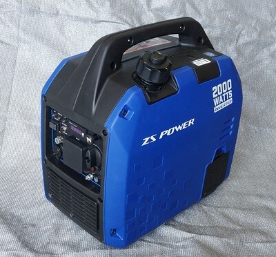 ZS Power 2,000 Watt Silent Petrol Generator Angled view Showing 15 Amp Power outlet with voltage control module and the fuel filler at the top. 