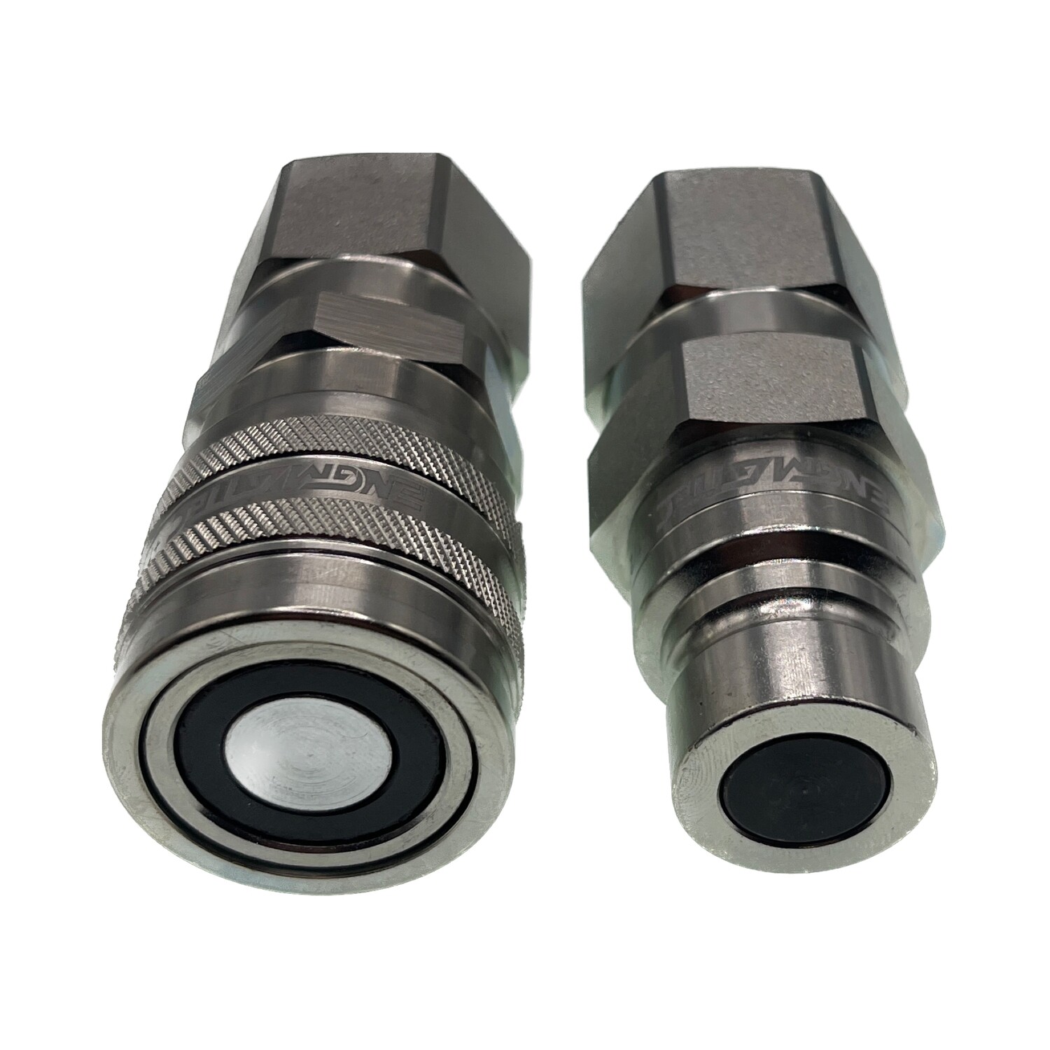 Pair of male and female 1/2 inch dry break Flat Face Hydraulic Couplings with 3/4 inch (#12) BSPP threaded ports.