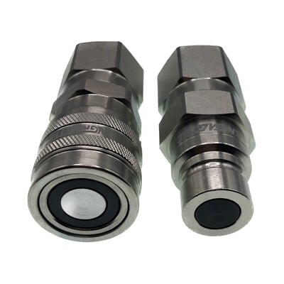 Pair of male and female 1/2 inch dry break Flat Face Hydraulic Couplings with 3/4 inch (#12) BSPP threaded ports.