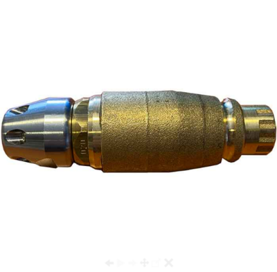 Self-propelled forged brass drain clearing turbo nozzle with 6 replaceable rear Stainless Steel Jets, jets available in varying sizes, pressures to 3,600 psi flows up to 21 liters per minute.