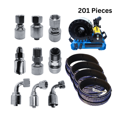 Hydraulic Hose Assembly Kit, comes with a Crimping Machine, 120 one piece hose fittings in various threads and sizes, 80 m of 2 wire hydraulic hose in 4 sizes.
