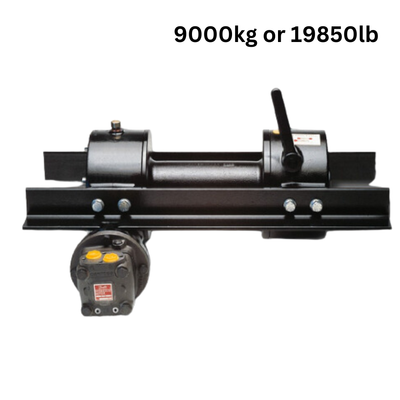 Main image of 19,850 Lbs hydraulic winch, front view showing Lower mounting brackets and Over-centre valve