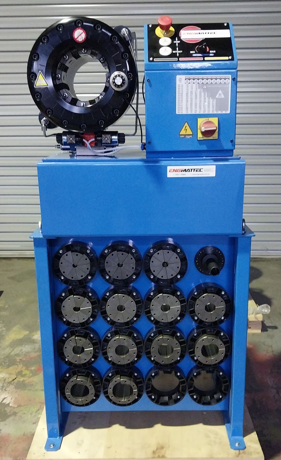 Full front View of the Engmattec P32 Two Inch 240 V Ac single phase Hydraulic Hose Crimper with Die Rack and 13 die sets