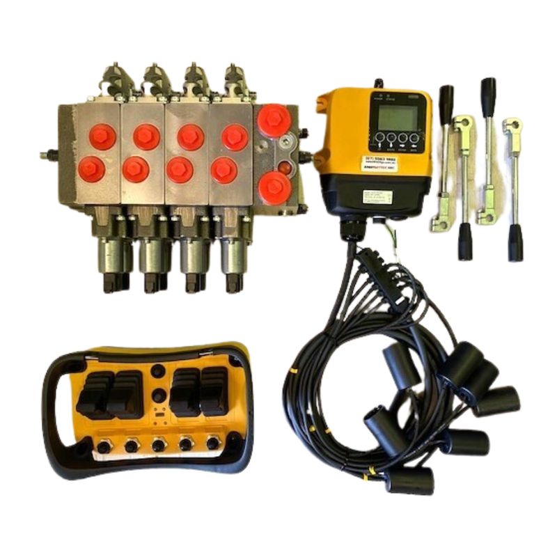Youli PV4 Proportional Valve with Flex Radio Remote – 4 Spool, Dual Joystick, 12V or 24V 4 Spool Proportional Flow Control Valve with Radio Remote Control