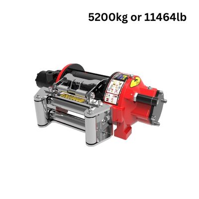 Main image of 12,000 Lbs hydraulic winch, front view showing Heavy-duty roller fairlead fitted with a Cable tensioner 