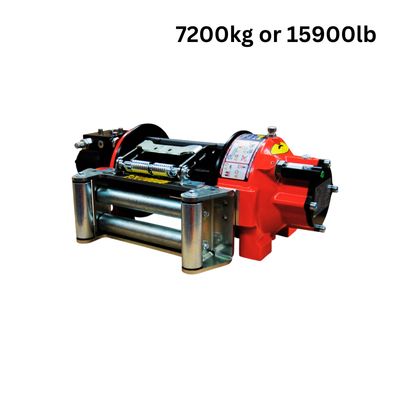Main image of 15,900 Lbs hydraulic winch, front view showing Heavy-duty roller fairlead fitted with a Cable tensioner 